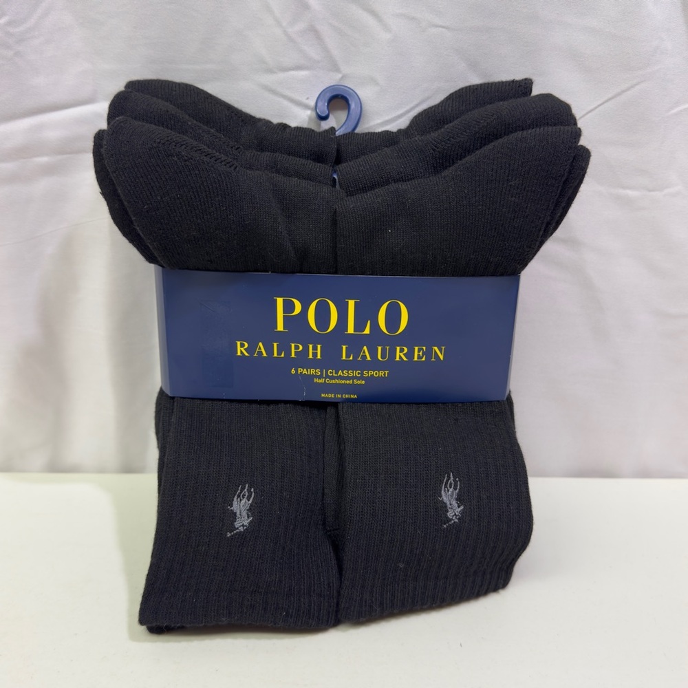Polo by Ralph Lauren Black Crew Socks 6-Pack with Logo